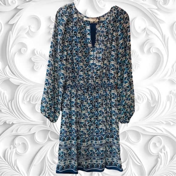 Max Studio Long Sleeve Dress Blue Geometric Designs Size Medium - Picture 1 of 2